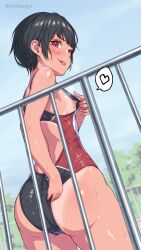 :p adjusting_clothes ass black_hair blush female heavy_breathing japanese_text kanikatsuya looking_at_viewer looking_back nipples open_mouth pool presenting red_eyes short_hair sideboob small_breasts smile solo_focus sweat swimsuit talking tan tanline tanline_peek upper_teeth_only