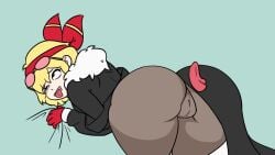 ahe_gao animated bandana bent_over big_ass big_butt blonde_hair disembodied_tongue fully_clothed glasses grabbing_sheets hololive hololive_indonesia kaela_kovalskia licking_pussy liking moaning short_hair stockings tagme video virtual_youtuber