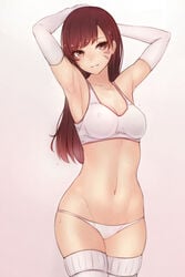 1girls armpits arms_up arms_up_pose bangs bluefield blush bra breasts brown_eyes brown_hair cleavage d.va elbow_gloves facial_mark female female_only gloves hips lingerie long_hair looking_at_viewer navel overwatch panties parted_lips plain_background simple_background smile solo sports_bra standing sweat thighhighs underwear whisker_markings white_gloves white_panties