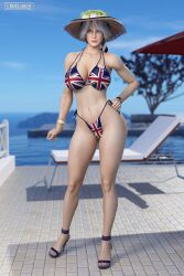 3d athletic athletic_female big_breasts bikini blue_eyes bracelet breasts busty christie_(doa) dead_or_alive female female_focus female_only hat high_heels hourglass_figure large_breasts loveluv69 nail_polish necklace outdoors outside pinup pinup_pose silver_hair tagme toenail_polish union_jack union_jack_bikini wide_hips wrist_watch