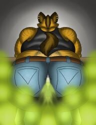 anthro ass belt bottomwear butt_focus clothed clothing fart fart_cloud farting_at_viewer gassy hi_res hyena male mammal obese obese_anthro obese_male overweight overweight_anthro overweight_male pants piercing raised_tail smelly solo sunflower_fox tail thick_thighs wardrobe_malfunction