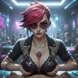 ai_generated arcane arcane_vi big_breasts black_sunglasses cum cum_on_breasts cumshot_in_chest league_of_legends male night_club nightclub paizuri patreon patreon_username penis red_hair short_hair slutty_clothing slutty_outfit stripclub titfuck titjob titjob_pov titjob_under_clothes vi whatajinx