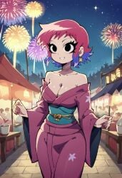 accurate_art_style ai_generated bigmic145 breasts cleavage clothed clothing female festival fireworks netflix pink_hair purple_legwear ramona_flowers robe scott_pilgrim scott_pilgrim_takes_off scott_pilgrim_vs._the_world yukata