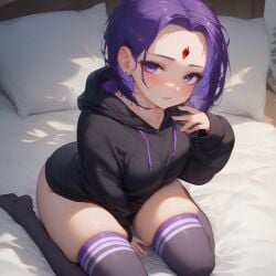 ai_generated bedroom forehead_jewel hips hoodie purple_hair pussy_juice pussy_juice_drip rachel_roth raven_(dc) thighs