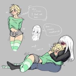 blonde_hair cuddling femboy harumi_(ninjago) lloyd_garmadon ninjago sons_of_garmadon_(ninjago) striped_thighhighs thighhighs tobly