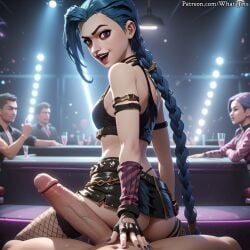 ai_generated arcane arcane_jinx big_penis blue_hair fishnets gloves grinding_on_penis grinding_through_clothes jinx_(league_of_legends) lapdance league_of_legends leather_skirt male miniskirt patreon patreon_username penis stripclub stripper twin_braids upskirt veiny_penis whatajinx