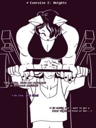 anthro asriel_dreemurr athletic athletic_female athletic_wear boss_monster_(undertale) bottomwear breasts catty_(undertale) cleavage clothed clothing comic dracozhilla duo female femboy group hair hi_res humanoid humiliation lying male male/female mammal on_back pants skinny slightly_chubby text undertale undertale_(series) weights workout_clothing yoga_pants