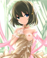 bare_shoulders blue_eyes blush breasts brown_hair curtains detached_collar dress female green_eyes hair_ornament heterochromia highres idolmaster idolmaster_cinderella_girls looking_at_viewer mole nipples ribbon short_hair smile solo takagaki_kaede veil yoshimo