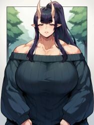 1girl adorable ai_generated bare_shoulders black_hair breasts buff clavicle collar_bone collarbone dark_hair female horns huge_breasts long_hair looking_at_viewer mole_under_mouth muscular muscular_female off_shoulder oni oni_horns outside parted_lips pointy_ears ponytail purple_hair red_eyes ribbed_sweater sidelocks solo sumezawa sweater tree upper_body white_border wide_hips