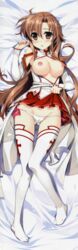 aincrad blush bow bow_panties breasts brown_eyes brown_hair cleavage dakimakura female fujima_takuya high_resolution knights_of_the_blood legs long_sleeves lowleg lowleg_panties lying nipples no_bra no_shoes open_clothes open_shirt panties scan skirt skirt_lift solo sword_art_online thighhighs underwear white_legwear white_panties yuuki_asuna