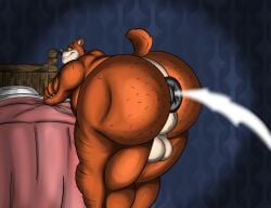 anthro anus ass balls bear bed big_butt bodily_fluids claws cum cum_fart cum_from_ass cum_in_ass cum_inside furniture genital_fluids genitals hi_res male mammal nude perineum puffy_anus raised_tail slightly_chubby slightly_chubby_male solo sunflower_fox tail thick_thighs