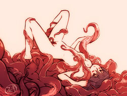 black_eyes black_hair blush breasts consensual_tentacles feguimel female female_only lying nipples nude on_back original peaceful pubic_hair short_hair smile solo tentacle tentacle_pit white_background