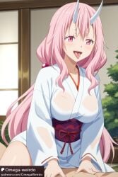 1girl1boy ai_generated female horns kimono long_hair omega-weirdo oni pink_eyes pink_hair princess sash see-through_clothing shuna_(tensei_shitara_slime_datta_ken) smile straddling tensei_shitara_slime_datta_ken tongue_out