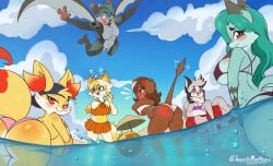 anthro ball beach beach_ball big_breasts breasts fennekin fox heart hi_res jasmin_(jasminthemanticore) jasminthemanticore looking_at_viewer orange_fur pokemon pokemon_(species) tail wet winking_at_viewer