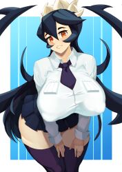 1girls alternate_version_available big_breasts black_hair black_skirt black_thighhighs bottomwear breasts clothing etahoin female female_only filia_(skullgirls) hair huge_breasts large_breasts legwear necktie neckwear orange_eyes shirt skirt skullgirls smile solo solo_female thick_thighs thighhighs thighs topwear white_shirt