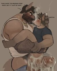 after_anal after_orgasm after_sex anthro balls bara big_penis blush cum cum_on_penis father_and_son fred_(kenkudog) furry gay incest kenkudog kissing male male/male male_only muscles muscular penis text