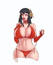 1girls big_breasts bikini black_hair cleavage curvy darkminou looking_at_viewer side-tie_bikini solo spy_x_family tongue_out white_background yor_briar yor_forger