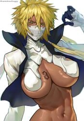 1girls 2024 abs arrancar artist_name big_breasts bleach blonde_hair breast_tattoo breasts breasts_out covered_nipples dark-skinned_female dark_skin exposed_breasts exposed_torso female female_focus female_only fit fit_female gloves green_eyes jacket looking_at_viewer masked masked_female navel open_jacket shamelessfroggy short_hair solo solo_female solo_focus tattoo tia_harribel toned toned_female white_background white_gloves white_jacket