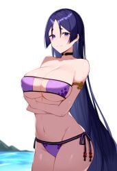 ai_generated big_breasts bikini bikini_bottom bikini_top breasts fate/grand_order fate_(series) female keinovelnovelai minamoto_no_raikou_(fate) minamoto_no_raikou_(fate/grand_order) purple_eyes purple_hair purple_swimsuit purple_swimwear solo swimsuit swimwear type-moon