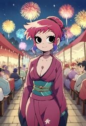 accurate_art_style ai_generated bigmic145 breasts cleavage clothed clothing female festival fireworks netflix pink_hair purple_legwear ramona_flowers robe scott_pilgrim scott_pilgrim_takes_off yukata