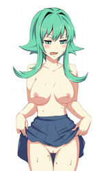 1girls blush blushing dress_lift embarrassed female female_focus female_only green_eyes green_hair gumi hips long_hair long_pigtails looking_annoyed megpoid megpoid_gumi pussy skirt_lift sweat tagme thighs vocaloid