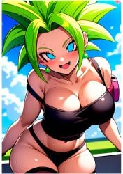 ai_generated blue_eyes cute dragon_ball dragon_ball_super green_hair happy_female kefla lupusorchis panties png retouched short_shirt