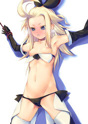 armpits black_panties blonde_hair blue_eyes blush bondage bravely_default:_flying_fairy edea_lee elbow_gloves female gloves hair_ribbon heart heart-shaped_pupils kirishima_satoshi long_hair nipples panties pussy_juice restrained ribbon rope solo symbol-shaped_pupils thighhighs underwear wet_panties white_background white_legwear