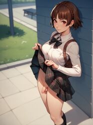 1futa ai_generated atlus brown_hair futanari looking_at_viewer makoto_niijima no_panties outdoors persona persona_5 red_eyes robinlover school_uniform skirt skirt_lift small_penis solo standing tagme