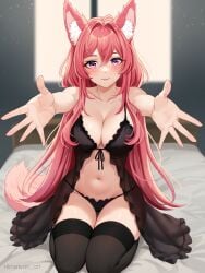 animal_ear_fluff animal_ears breasts commission demon_girl dog_girl female hime_tyan_art large_breasts looking_at_viewer navel original outstretched_arms pink_hair purple_eyes see-through shieorie_(vtuber) solo thighhighs two-tone_hair virtual_youtuber