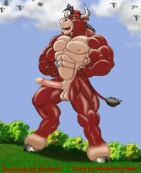 abs balls_out bb_(artist) black_hair boner braford braford0005 brown_fur clouds furries furry grass green_grass muscular_arms muscular_body muscular_legs muscular_male nature oscar_(braford) outdoors pecs penis public public_nudity red_cap sky smiling_at_viewer tail trees