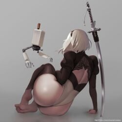 1girls 1robot_girl 2robots android android_girl ass ass_focus barefeet barefoot big_ass big_butt female female_focus female_only flying leotard light-skinned_female light_skin nier:_automata paukpunk robot robot_girl robot_humanoid short_hair solo solo_female solo_focus sword weapon white_hair yorha_2b