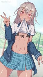 :3 absurdres ahoge areola_slip blue_jacket blue_skirt blush clothes_lift collared_shirt female_only grey_hair hair_ornament highres jacket kanikatsuya lacrosse messy_hair micro_bikini midriff mole mole_under_eye mouth_pull navel open_jacket peace_sign plaid_skirt pulling_own_clothes red_eyes shirt_bite shirt_lift skirt small_breasts solo_female sportswear sweat v zipper