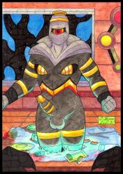 2023 5_fingers anthro balls black_border border clawed_fingers colored colored_pencil_(artwork) comic cougar_leon cyclops dusknoir fingers generation_4_pokemon genitals ghost gold_markings hi_res humanoid interior_background looking_at_viewer male markings nintendo nude penis pokemon pokemon_(species) restaurant simple_background solo spirit striped_markings stripes toned_body traditional_media_(artwork) unknown_character