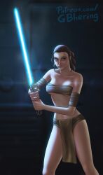 animification bandages blue_eyes breasts brown_hair clothing cosplay energy_sword female female female_only gbhering holding lightsaber lips loincloth long_hair looking_at_viewer medium_breasts navel pelvic_curtain rey rule_63 sarashi science_fiction solo star_wars sword tied_hair underboob weapon