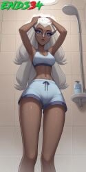 2d ai_generated ends34 hazbin_hotel hips medium_breasts milf narrow_waist sera_(hazbin_hotel) short_shorts shorts shower sports_bra sports_uniform sportswear