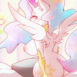 1:1 2021 absurd_res alicorn anthro areola ass big_breasts biped breasts cutie_mark digital_media_(artwork) equid equine eyelashes female friendship_is_magic hair hasbro hi_res horn legwear legwear_only long_hair mammal mostly_nude my_little_pony mythological_creature mythological_equine mythology nipple_piercing nipples piercing pink_areola pink_nipples princess_celestia_(mlp) rear_view shaded solo spider_bones tail unicorn_horn wings