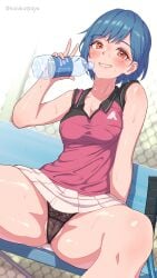 absurdres bench blue_hair blush cameltoe cleavage drink highres kanikatsuya lace-trimmed_panties legs_apart mole_under_eye orange_eyes peace_sign pink_shirt presenting pussy_peek sitting smile sportswear spread_legs sweat tennis_racket tennis_uniform upskirt v water_bottle white_skirt