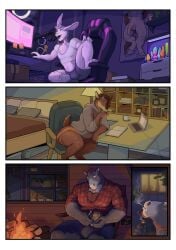 3_panel_comic absurd_res anthro clothed clothing comic computer deer digital_media_(artwork) dildo draft_horse electronics equid equine finn_(thepurp) gaming_chair group hi_res horse lagomorph laptop leporid luca_(thepurp) male mammal muscular muscular_anthro muscular_male poster rabbit roman_(thepurp) sex_toy thepurp topwear trio vest