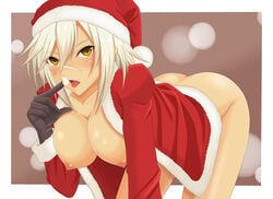 1girls ass bent_over blazblue blazblue:_chrono_phantasma blonde_hair blush bottomless breasts brown_eyes bullet_(blazblue) christmas cream esuto_(artist) female gloves hat highres jacket large_breasts nipples pointy_chin santa_costume santa_hat santa_suit scar short_hair solo sweat thighs tongue topless white_hair yellow_eyes