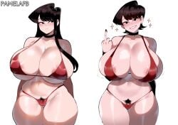 2girls age_difference ai_art ai_generated alternate_ass_size alternate_body_type alternate_breast_size areola_slip artstyle_imitation ass_visible_through_thighs black_choker black_eyes black_hair blush cameltoe choker curvy embarrassed embarrassed_female erect_nipples gigantic_ass gigantic_breasts grin hairy_female hairy_pussy hairy_vagina hips huge_ass huge_breasts komi-san_wa_komyushou_desu komi_shouko komi_shuuko light-skinned_female looking_at_viewer looking_away mature_female micro_bikini middle_finger milf mother mother_and_daughter nai_diffusion navel novelai pamelafb pubic_hair pussy red_bikini self_upload short_hair shy small_waist sweat sweatdrop thiccwithaq_(ai_style) thick_thighs vagina white_background wide_hips