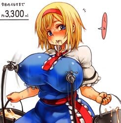 1girls alice_margatroid alternate_breast_size blonde_hair blue_eyes breasts bucket clothing faucet faucet_on_nipples female hairband holding_object huge_breasts japanese_text lactating lactation large_breasts looking_at_viewer milk milking milking_machine no_humans sachito solo tap team_shanghai_alice text touhou youkai