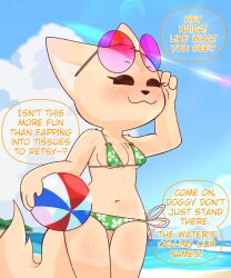 aggressive_retsuko aggretsuko areola areola_slip ball beach beach_ball bikini blush breasts canid canine clothing crushpepper detailed_background english_text eyelashes eyewear eyewear_on_head female fennec_fox fenneko fox hi_res inflatable mammal micro_bikini sanrio small_breasts speech_bubble sunglasses sunglasses_on_head swimwear tagme text true_fox two-piece_swimsuit