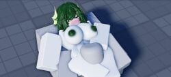 1boy 1girls 3d areolae baseplate blush breasts eating_pussy eyes_rolling_back female green_areola green_hair grey_skin khloe_(slimiba) mermaid_girl nipples roblox robloxian slimiba tagme white_skin