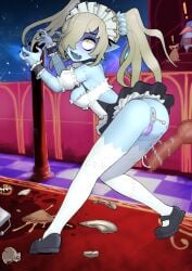 ass bandage bandage_on_pussy censored cum cum_in_ass disgaea disgaea_5 gixar maid maid_(disgaea) maid_uniform mosaic_censoring nippon_ichi_software no_panties pasties penis prinny public public_nudity public_sex stitches upskirt zombie zombie_girl