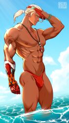 artist_request blonde_hair blue_eyes bulge gay lifeweaver male_only overwatch penis_bulge speedo water