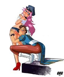 2013 ass chun-li female female_only final_fight fully_clothed gkg human kissing multiple_females pantyhose poison_(final_fight) short_shorts street_fighter yuri