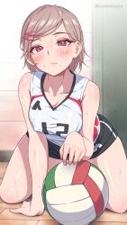 absurdres black_shorts blush collarbone crawling erect_nipples female grey_hair gymnasium hair_ornament highres kanikatsuya mole_under_mouth on_floor on_knees pink_eyes short_hair solo sportswear volleyball volleyball_(object) volleyball_uniform white_shirt