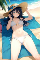 ai_generated beach beach_background bikini black_hair cameltoe kap1kap1 legs_apart looking_at_viewer medium_breasts sun_hat sunbathing sunhat white_bikini