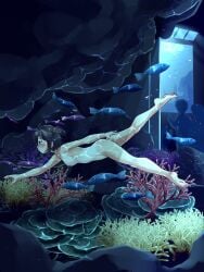 aquarium blush breasts brown_eyes brown_hair completely_nude female female_only fish foxeye_(artist) game_cg in_the_aquarium:_sinking_with_kana kana_(in_the_aquarium:_sinking_with_kana) nipples nude nude_female small_breasts solo solo_female swimming tanline tanlines twintails underwater