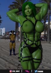 1boy 1girls 3d artist_logo bdsm_outfit beach big_breasts breasts exhibitionism female female_focus funny green-skinned_female green_body green_hair green_skin huge_breasts hulk_(series) instagram_username large_breasts looking_at_viewer lykoxxx male marvel marvel_comics muscular muscular_female nipples palm_tree panties posing public sand she-hulk shocked_expression topless twitter_username wolverine_(x-men) x-men